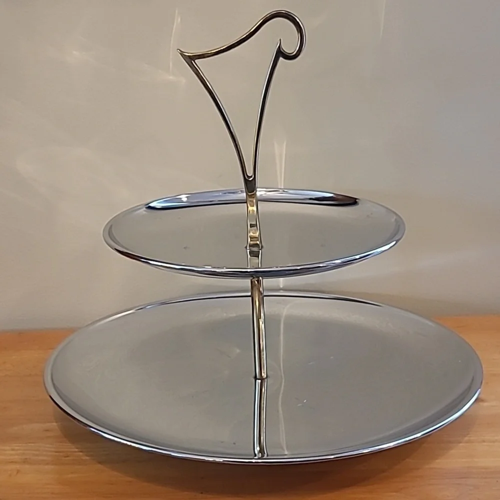 RIVIERIA Atomic MCM Two Tiered Chromeware Tidbit Petit Fours Serving Tray - Picture 2 of 16